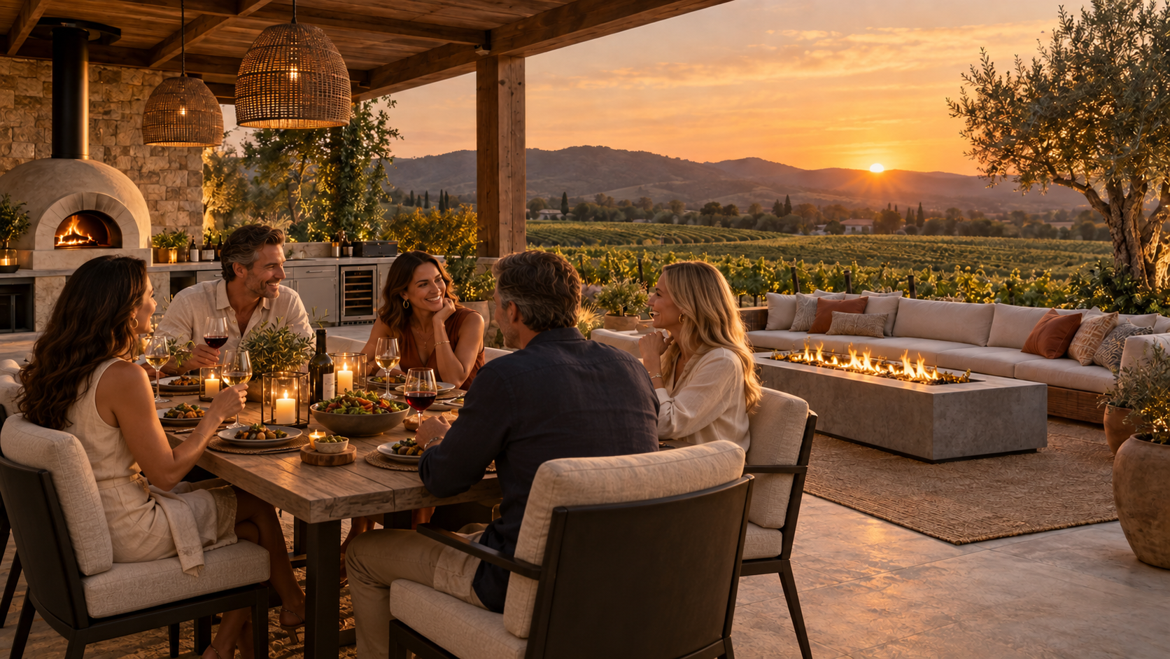 Friends sharing dinner around a welcoming table on a vineyard terrace at sunset