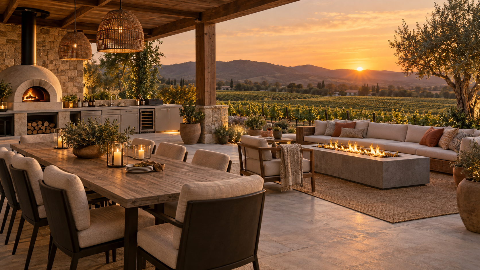 A complete outdoor kitchen, dining area and fire table overlooking a vineyard at sunset
