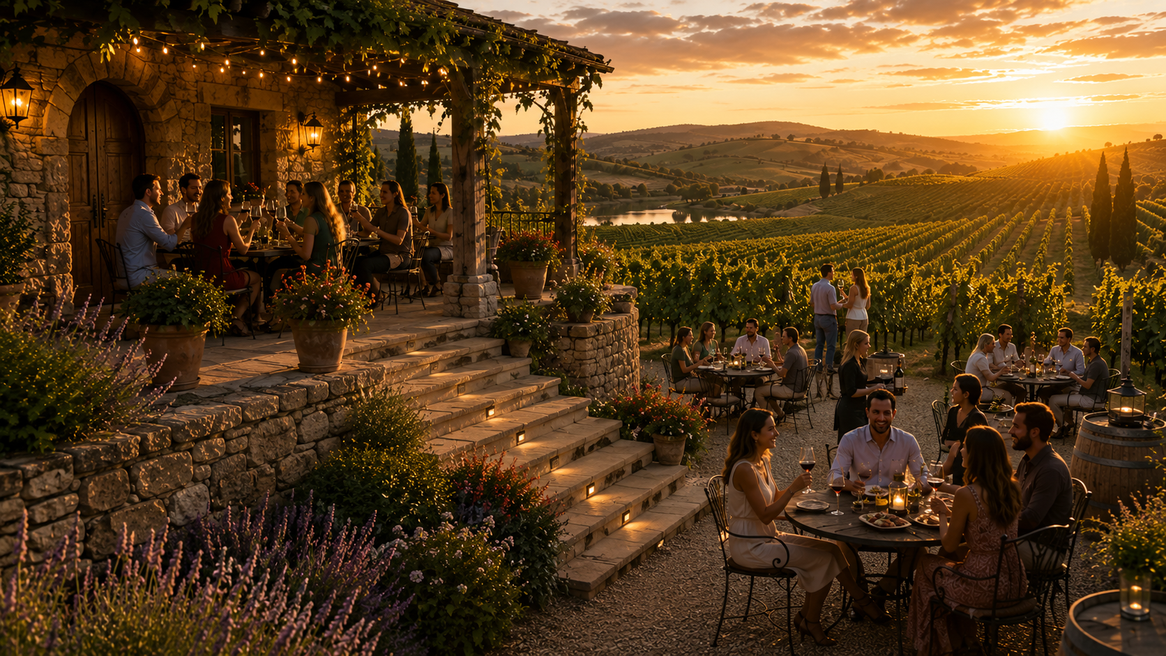Guests dining together across a vineyard tasting terrace