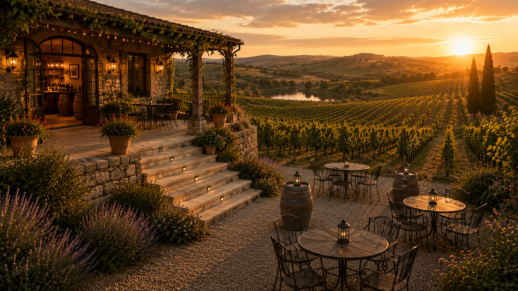 A vineyard tasting terrace prepared for guests at sunset
